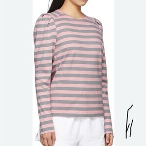 Ganni Puff Sleeve Pink Gray stripe long sleeve shirt L